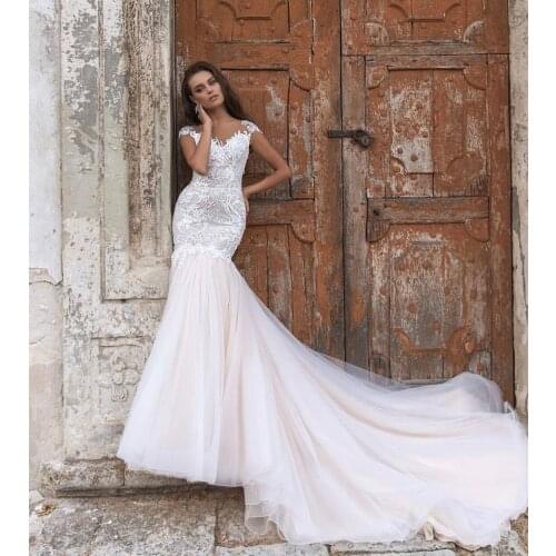 Gorgeous Mermaid Wedding Dress 2021 Sheer Neck Cap Sleeve Lace Embroidery Backless Sweep Train Bride Gown Vestidos De Noiva