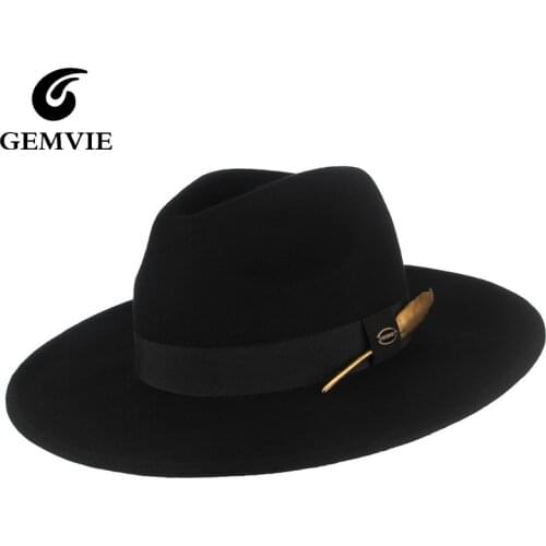 GEMVIE New 100% Wool Felt Hat 3 colors Stiff Wide Brim Fedora For Man/Women Striped Feather Band Autumn Winter Panama Jazz Cap
