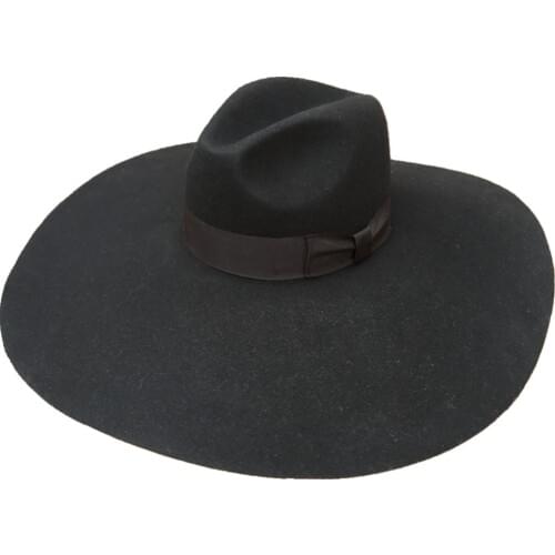 Black Wool Felt Soft Extra Wide Large Brim Fashion Fedora Hat For Women 16cm