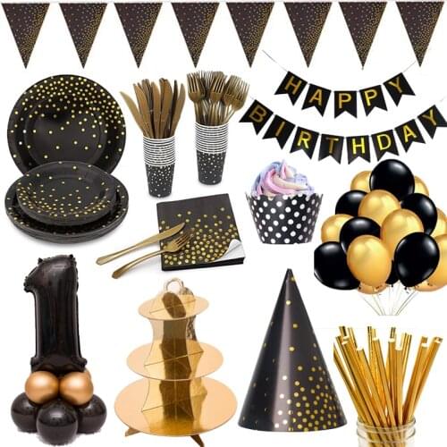 Black Gold Polka Dot Plate Black Theme Party Girlfriend Birthday Supplies Elegant Disposable Tableware Wedding Party Supplies