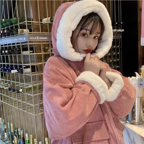 Corduroy jacket Winter women Korean vintage long-sleeved hoodie solid thickening casual zipper top Harajuku Oversize outerwear