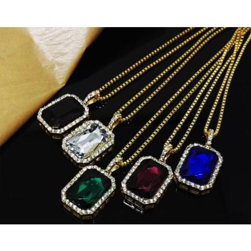 Xishan New Bling Iced Out Geometry Square Charm Crystal Pendants Necklaces Men Women Hip Hop Jewelry Gifts