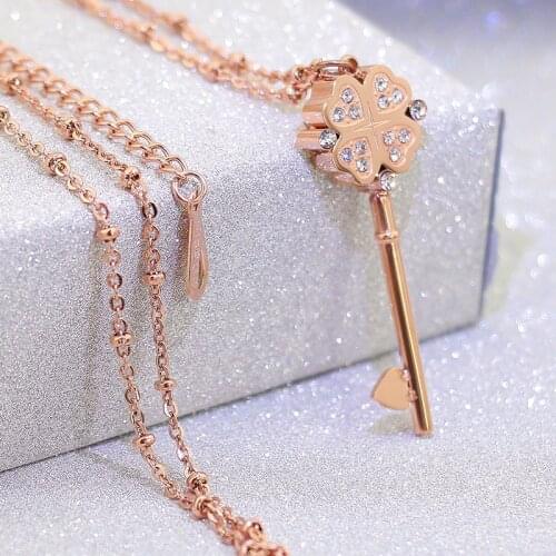 YUN RUO Brand Woman Jewelry Rose Gold Color Luxury Crystal Key Necklace 65 CM Fashion 316 L Stainless Steel Jewelry Never Fade