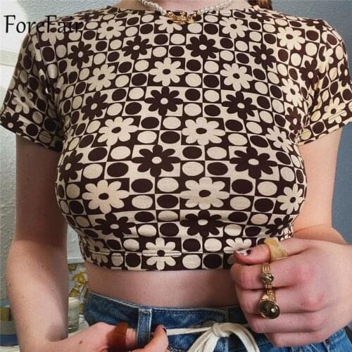 Forefair Summer Print Floral O Neck Women T Shirt Y2k Short Sleeve Brown Basic Tee Sexy Crop Top 2021 Fashion Casual Vintage