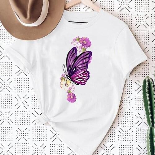 Women Flower Floral Butterfly Watercolor Graphic Summer 90s Fashion Print Short Sleeve Female Clothes Tops Tees Tshirt T-Shirt