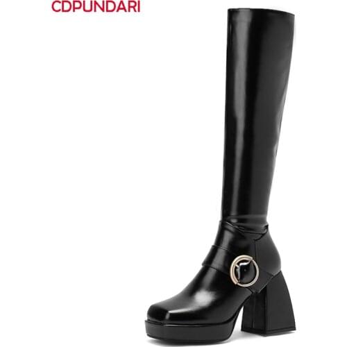 Ladies Black White High Heels Platform Knee High Boots Women Autumn Winter Long Boots Party Shoes Bottes Plateforme Femme