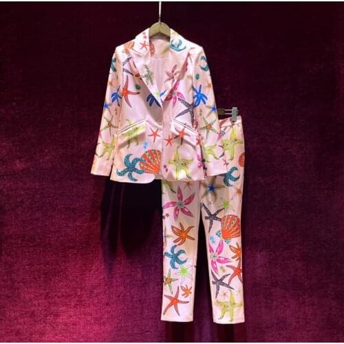 European and American womens autumn 2021 new Long sleeve nail zhuhai star shell print coat trousers fashion The pink suit