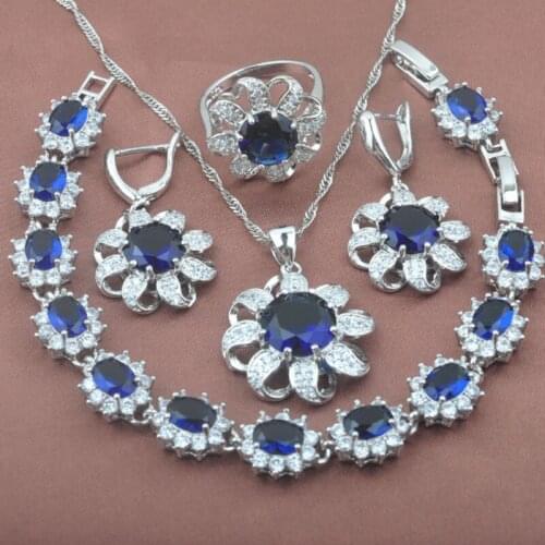 Silver Color Sky Blue Zirconia Sun Flower Womens Jewelry Set Bracelet Necklace Pendant Earrings Ring YZ0351
