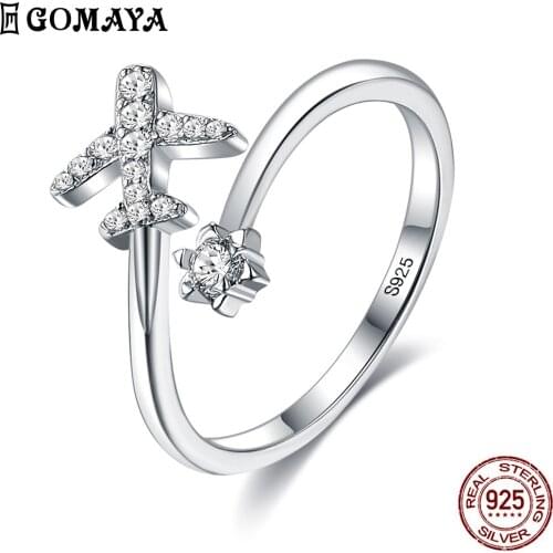 GOMAYA Genuine 925 Sterling Silver Flying Plane Open Rings For Women Cubic Zirconia Adjustable Birthday Ring Gift Fine Jewelry