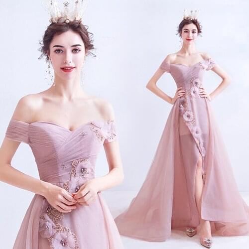 New pink long off shoulder small training long lady girl women prom dress party dress performance free shipping