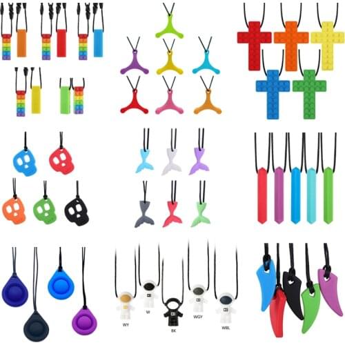1Pc Sensory Chew Necklace Brick Chewy Kids Silicone Biting Pencil Topper Teether Toy, Silicone teether for children with autism