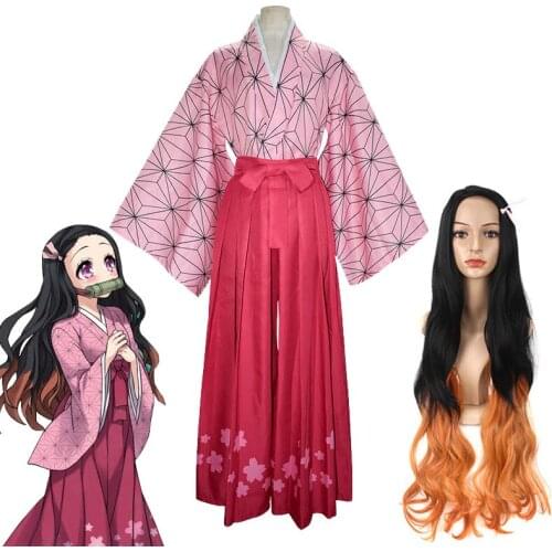 2021 Costumes Demon Slayer Kamado Nezuko Cosplay Kimono Outfit Kimetsu no Yaiba Nezuko Wig Headgear Mixed Color Curly Hair