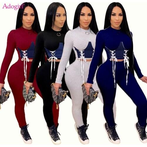 Adogirl Women Color Patchwork Two Piece Set Casual Grommet Lace Up Long Sleeve Crop Top Pencil Pants Tracksuit Outdoor Clothing