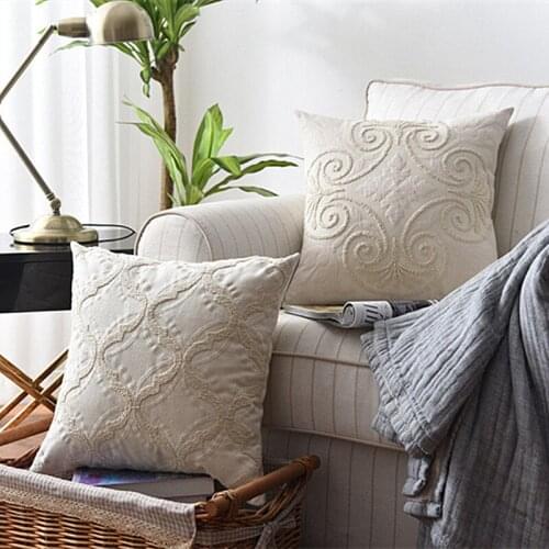 Beige Rope Thread Embroidery Cushion Cover Home Decoration Linen Cotton Boho Style Ethnic Pillow Cover 45x45cm Pillow