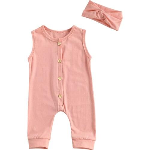 2021 0-24M Cute Infant Baby Girl Jumpsuit Cotton Clothes Solid Color Button Sleeveless Romper+Headband Summer 2pcs Outfit