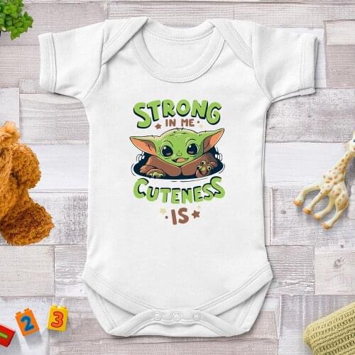 Strong In Me Cuteness Is Baby Rompers Newborn Jumpsuits Harajuku Cute Cartoon Yoda Printed Baby Girl Bodysuits 0-24M Baby Onesie