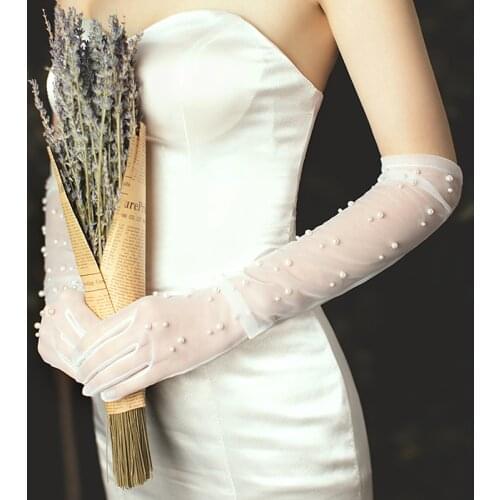 Summer Women Ultra-thin Pearl Lace Gloves Sexy Sunscreen Driving Gloves mesh yarn Long Full Finger Touch Screen Gloves H6