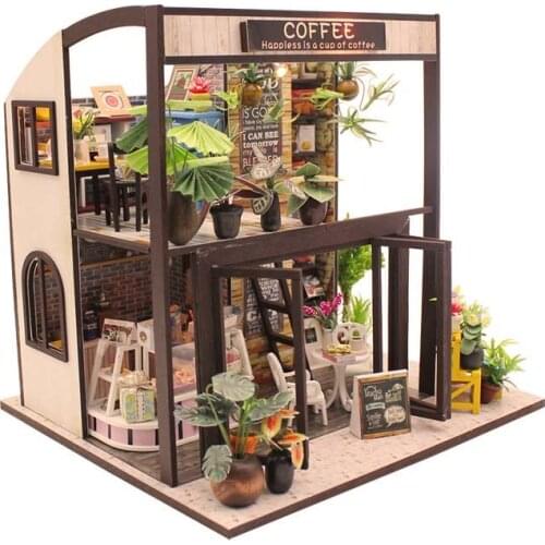 Handmade Child Doll House Kit Miniatures Coffee Wooden House Diy Miniature Dollhouse Furnitures Casas Miniatura Para Construir