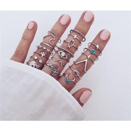20Pcs/Set Boho Women Cross Moon Elephant Ring Set Hollow Leaves Eye Cactus Wave Lightning Crystal Gem Multielement Rings Jewelry