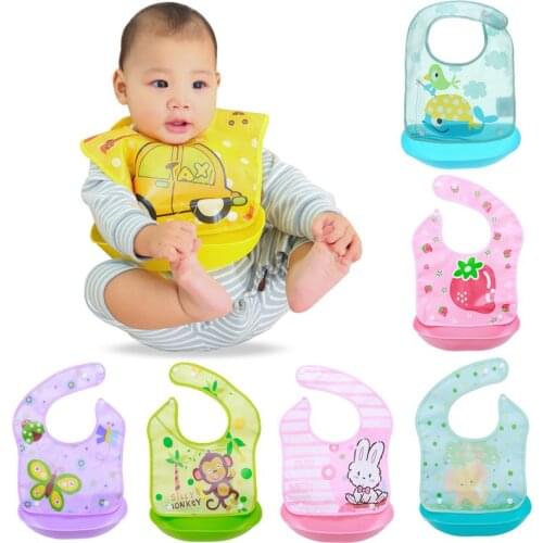 Baby Bibs Adjustable Cartoon Print Boy Girl Bib Waterproof Soft Silicone Kids Burp Cloth Child Feeding Bib with Pocket Portable