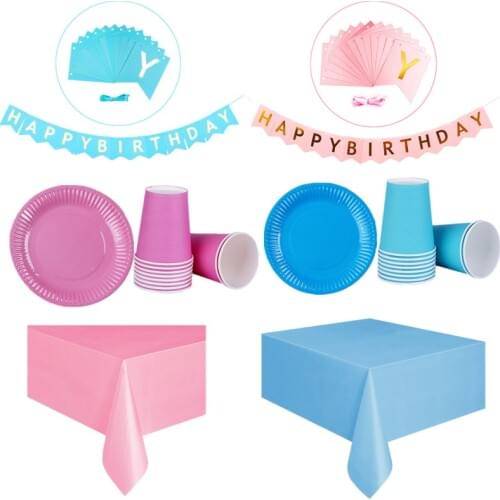 Blue Pink Plate cup Straw Solid color tablecloth birthday party home decoration Disposable tableware baby shower party supplies