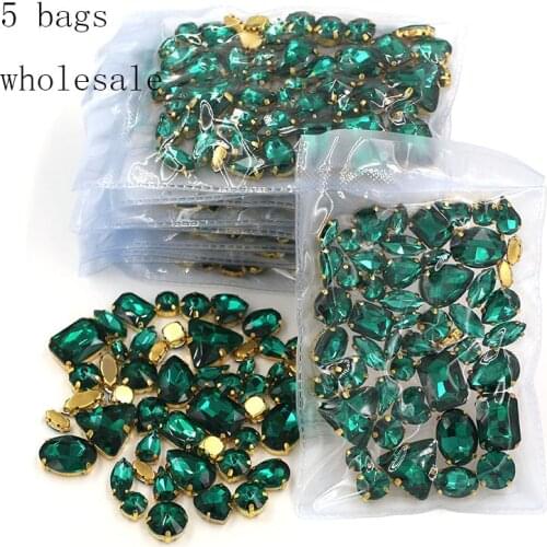 Wholesale 5 bags mixed shape sew on glass Malachite Green gold base rhinestones diy dress/Clothing accessories