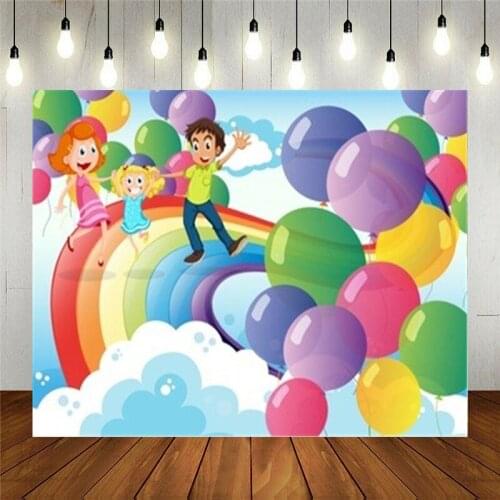 Photo Studio Props Photography Backdrop Happy Family With Rainbow Balloons Cartoon Vinyl Background Kids Birthday Decoration