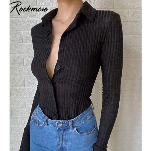 Rockmore Black Rib Knit Skinny T Shirt Gothic Botton Up WomenS T-Shirts Basic Long Sleeve Bodycon Top Tees Harajuku Streetwear