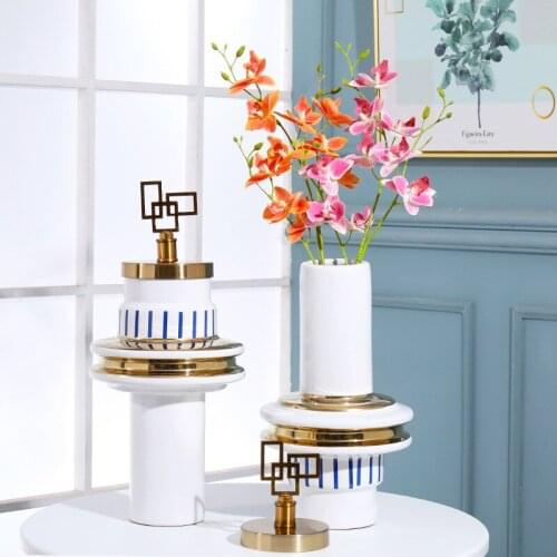 Modern luxury white ceramic vase with gold Lid Creative flower container for TV cabinets of living room