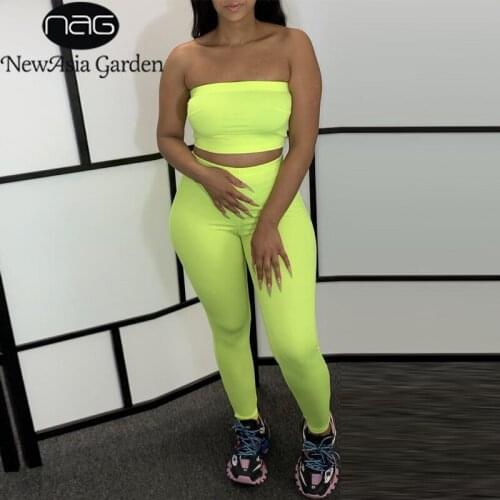 NewAsia Strapless Tracksuit Two Piece Set Tube Top And Elastic Waist Pants Summer Sports Suit Club Outfits Matching Set Clothes