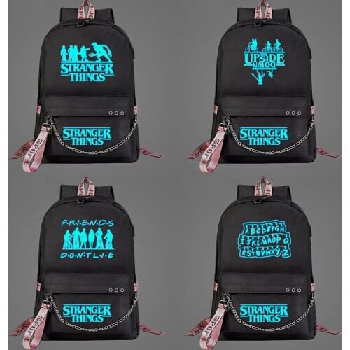 New Luminous Stranger Things Prints Boys Girls Kids School bag Women USB Chain Backpack Canvas Men Bagpack Packsack Bookbag