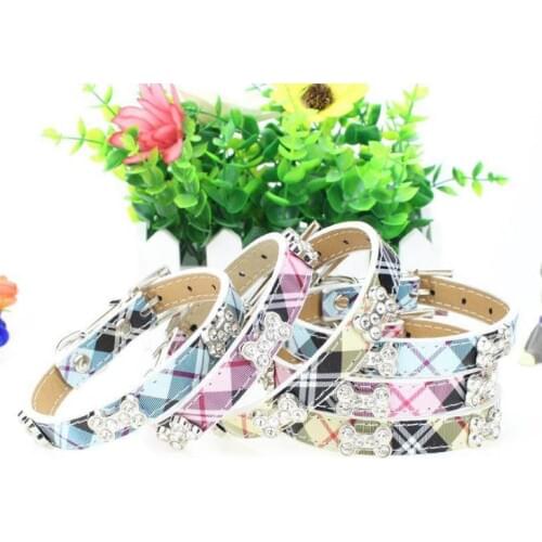 Stripe Dog Collar Durable PU Leather Adjustable Bling Rhinestone Bone Necklace Pet Puppy Collar S/M/L SN3186