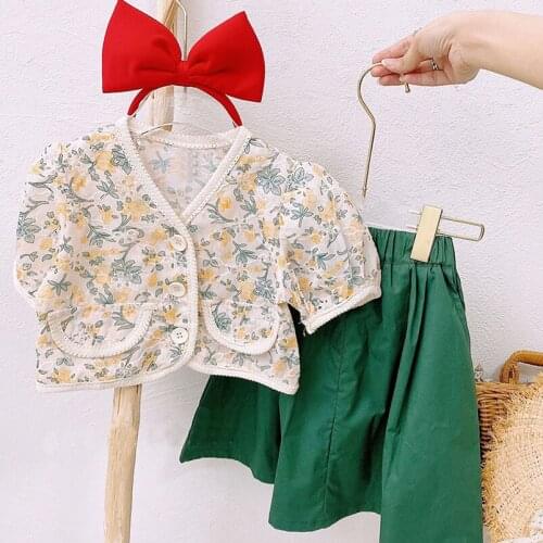 Vintage Floral Girls Shirt Summer Linen Cotton Clothes Infant Kid Cardigans+Skirt Set for Toddler Girls Clothing Children Outfit
