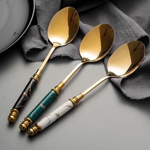 Gold European Style High Appearance Level Stainless Steel Creative Personality Ceramic Long Handle Exquisite Retro Spoon
