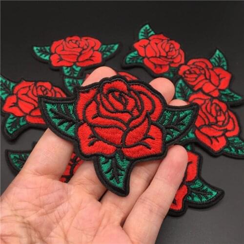 1PCS Rose Size: 6.1x6.0cm Iron on Patch for clothes Embroidery Badge Diy Sewing on Sticker Flower Applique Stripe for Clothing