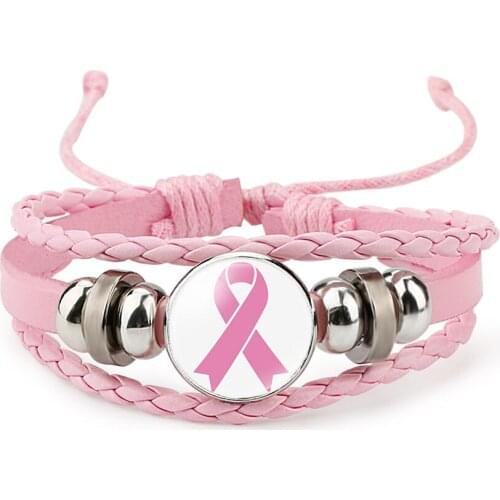 10PC Faith Hope Pink Ribbon charm Bracelets For Women Breast Cancer Awareness Braided leather Rope Wrap Bangle DIY Jewelry