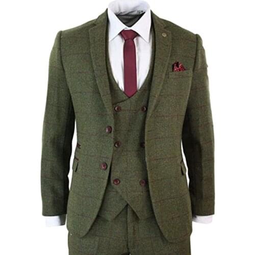2021 Tuxeo Tailor-Made Tweed Wool Green Plaid Cheack Men Suits Formal Business Blazer+Vest+Pants Slim Fit Groom Wear 3 Pieces