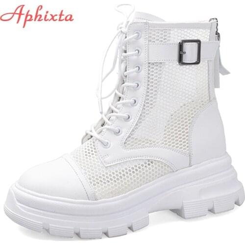 Aphixta Height Increasing Heels Summer Shoes Cool Boots Women Air Mesh Buckle Lace-up Platform Breathable Ankle Boots