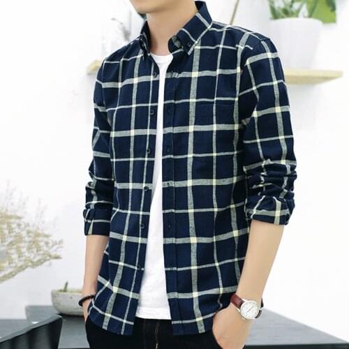 HCXY brand mens long sleve shirts Japanese and Korean version checked shirts for men casual brushed plaid shirt male