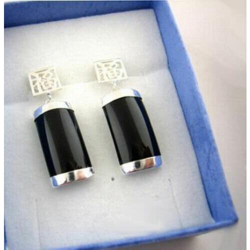 Black Agate Onyx Rectangle White Gold Plated Fortune Luck Stud Dangle Earrings