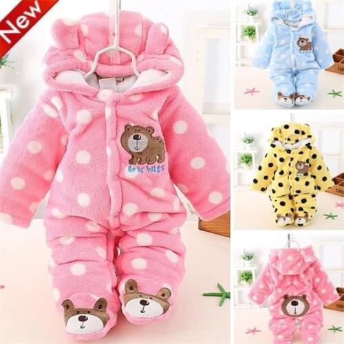 Baby Rompers Coral Fleece Warm Infant Clothing Packet Feet Cartoon Bear Hooded Overalls Infant Clothes Thick Baby Boy Jumpsuits