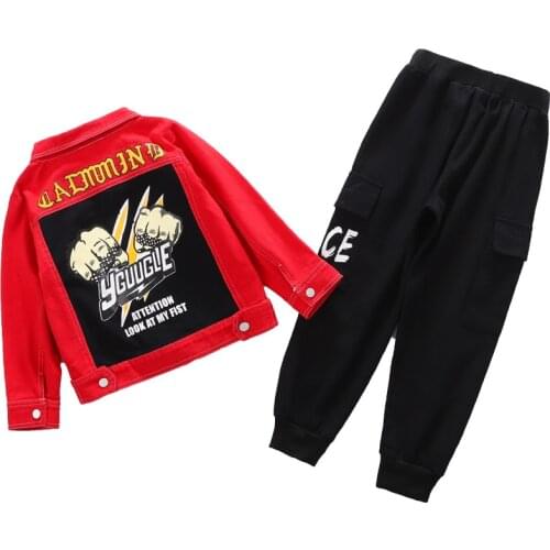 Kids 4-14Y Fashion Jeans Jackets+Full Length Pants 2PCS Clothing Sets Letters Print Highlight Cool Red Jeans Sets