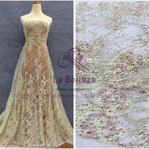 La Belleza New light yellow mixed stones pearls wedding dress lace fabirc 1 yard