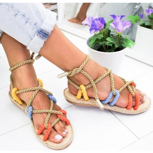 Dropshipping Women Sandals Fashion Summer Shoes Woman Flats Hemp Rope Lace Up Gladiator Sandals Non-slip Beach Chaussures Femme