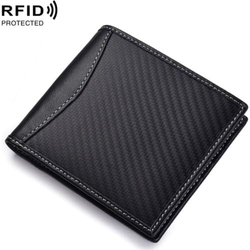 RFID Blocking Card Holder Purse Short Genuine Leather Mens Wallets Black carbon fiber Cowhide Wallet Male bag 2020 New