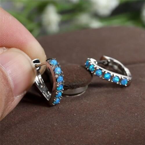 White Blue Opal Love Heart Earrings Single Row Round Small Stone Hoop Earrings Rose Gold Silver Color Wedding Earrings For Women