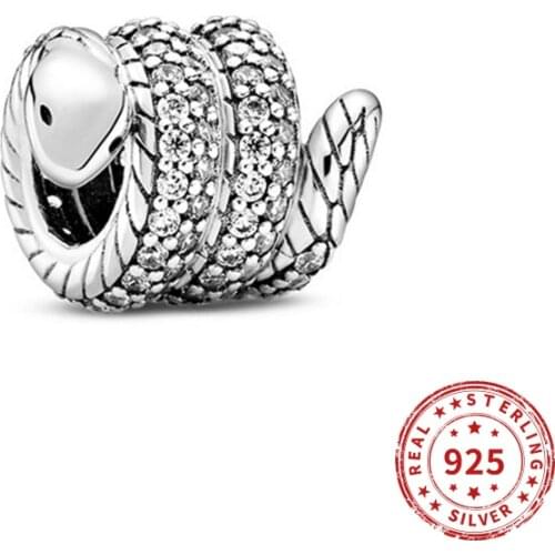 100% 925 Sterling Silver Charms Sparkling Wrapped Snake Charm Beads Fit Original Pan Charm Bracelets Necklace Diy jewelry