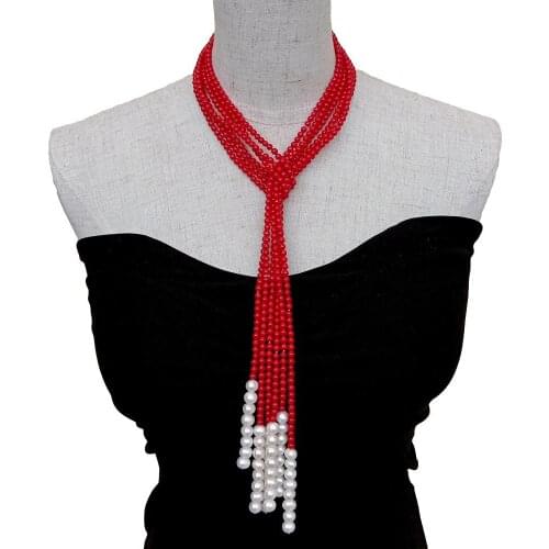 Y·YING 3 Rows 4mm Red Coral Cultured White Pearl Lariat Long sweater chain Necklace 50"