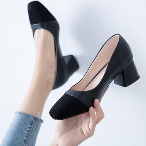 YQBTDL 2020 Summer Concise Office Dress Shoes Women Black Beige High Heels Pumps Square Toe Block Heel Footwear Ladies Shoe 43