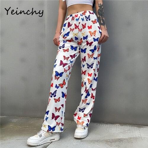 Yeinchy 2020 women fashion outfit pocket Trousers for ladies High waist elastic butterfly print loose Pant FM6211